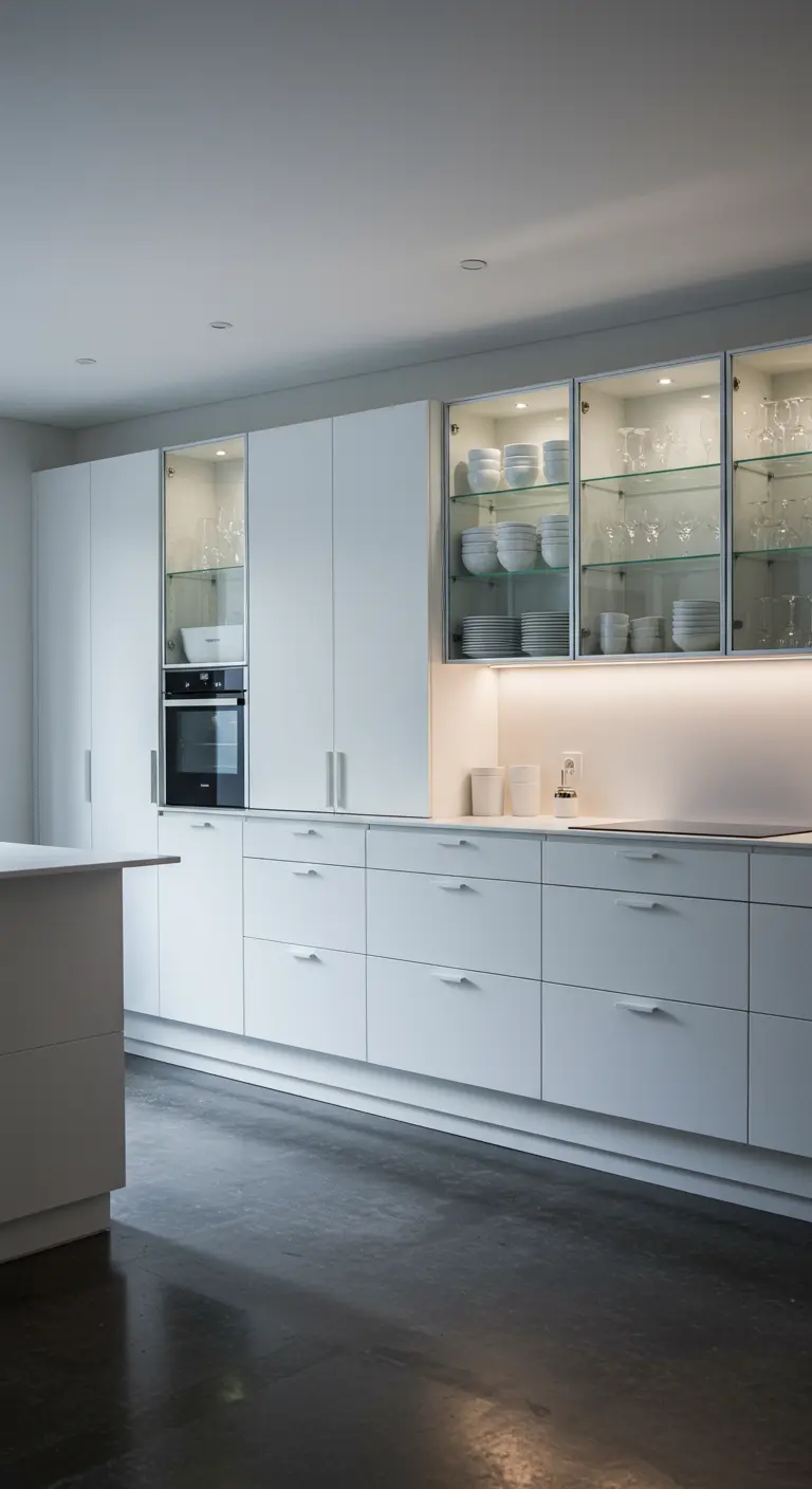Moderne witte keuken met glazen bovenkasten waarin wit servies en glaswerk verlicht wordt.