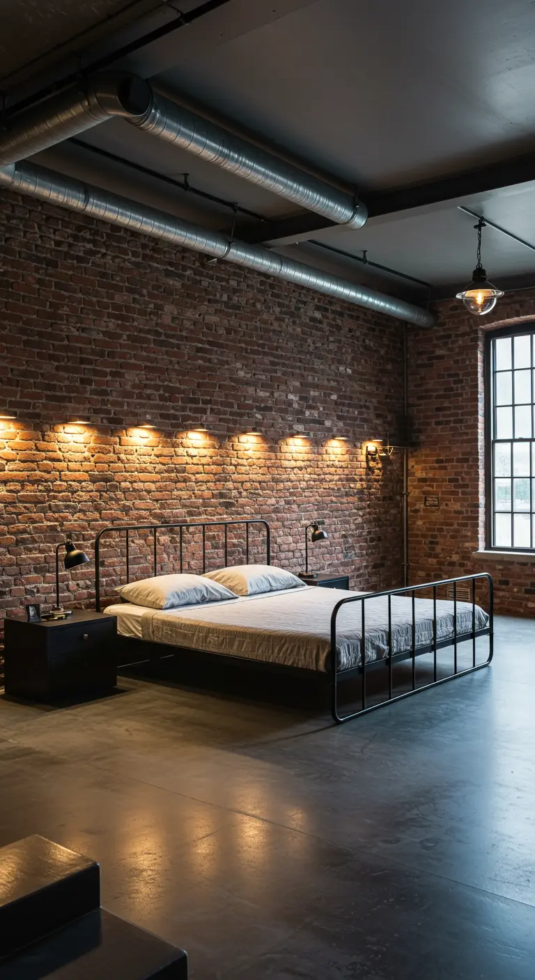 Industriële slaapkamer met bakstenen muur uitgelicht door wandspotjes.