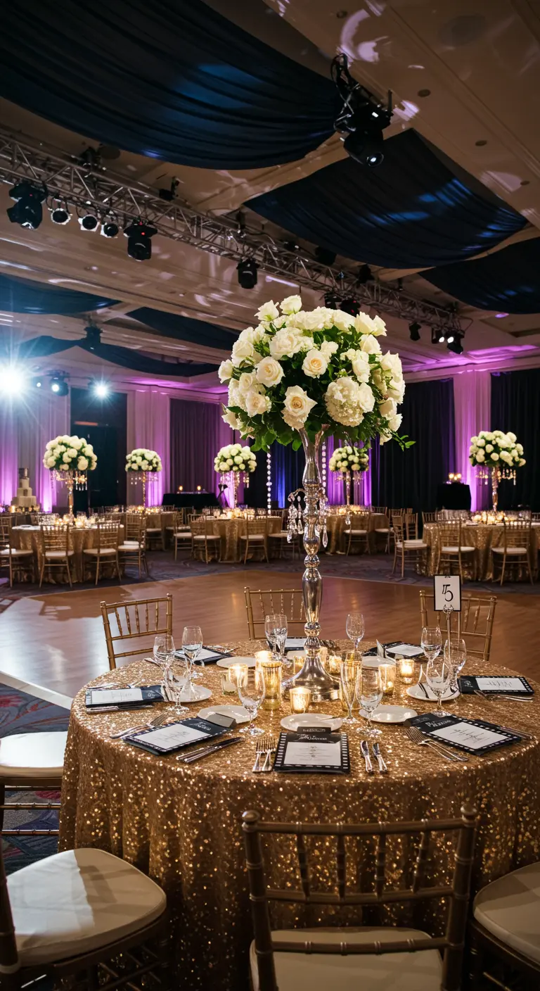 Glamoureuze trouwreceptie met gouden pailletten tafelkleden en witte bloemdecoraties.