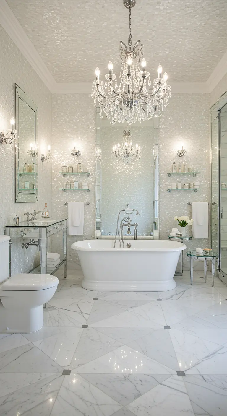 Extravagante witte badkamer met parelmoerglans tegels, kristallen kroonluchter en spiegeldetails.
