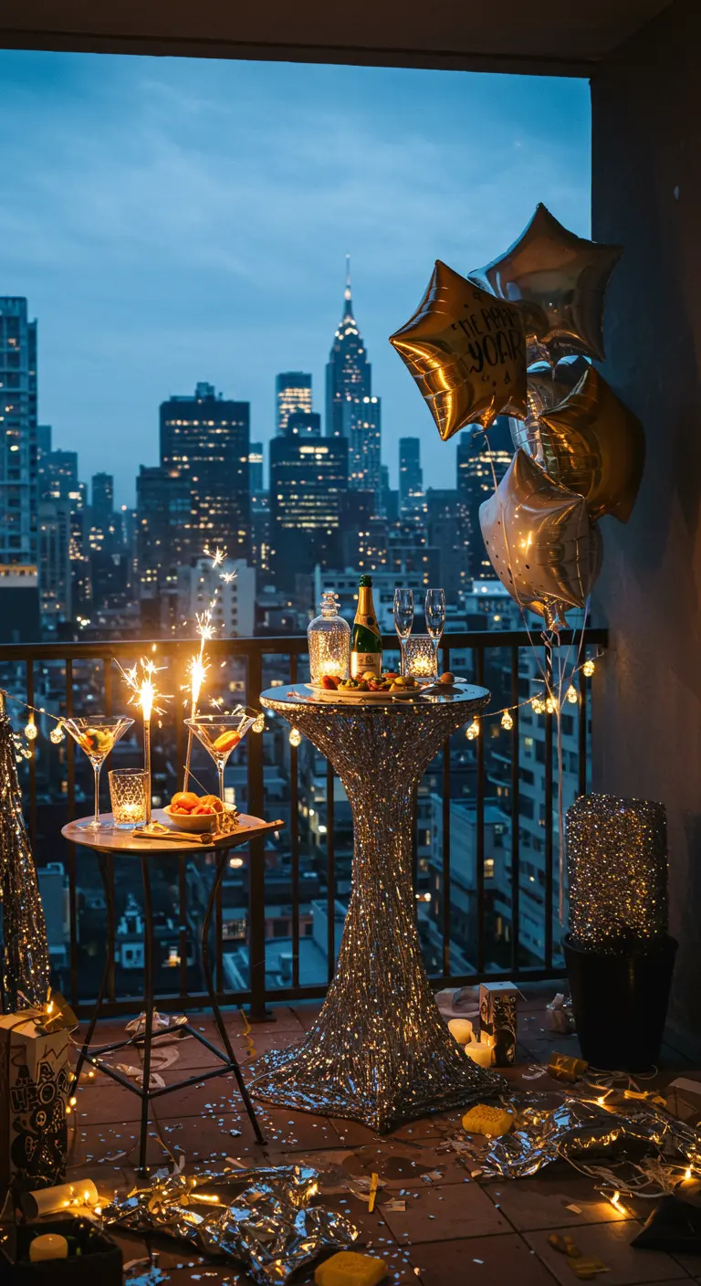 Balkon versierd voor Nieuwjaar met glitter, sterballonnen, champagne en sterretjes.