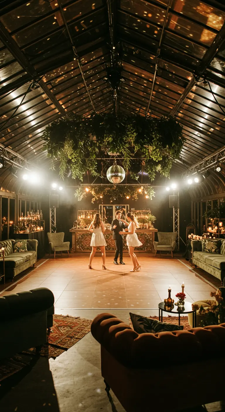 Feestopstelling in kas met discobal, loungebanken en groene plafonddecoratie.
