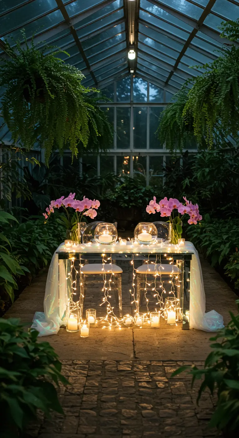 Intieme eettafel in een serre met overvloedige LED-lichtjes, kaarsen en roze orchideeën.