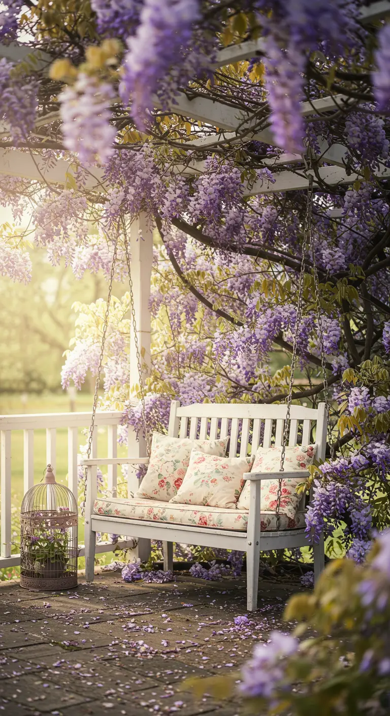 Witte schommelbank onder overvloedige blauwe regen (Wisteria), bloemenkussens en vogelkooi.