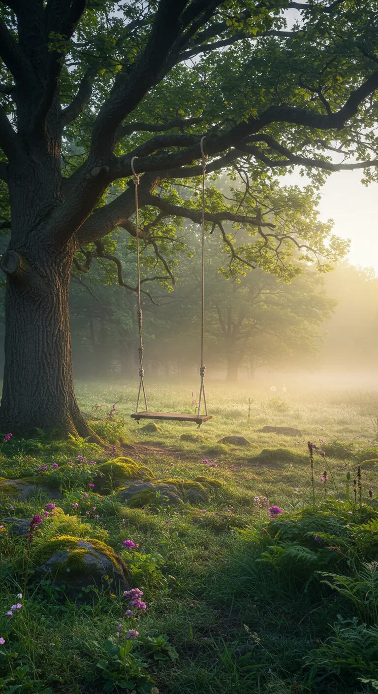 Eenvoudige houten schommel hangend aan een grote boom in een mistig, bloemrijk veld.