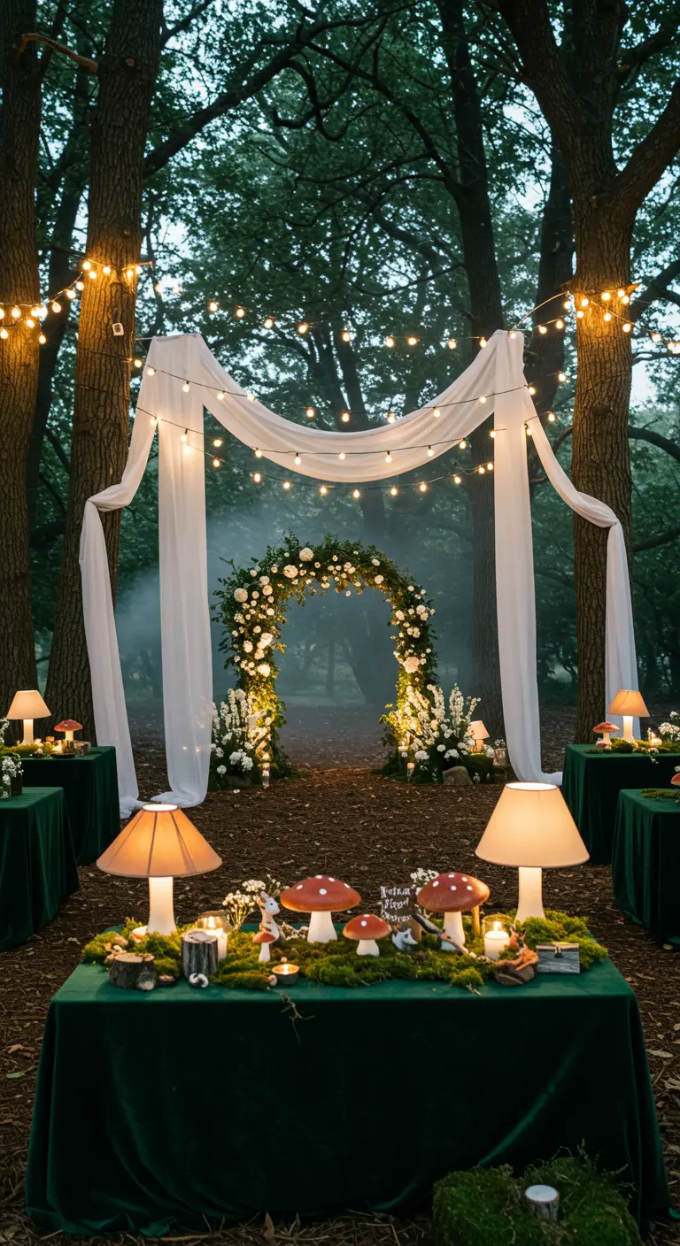 Trouwceremonie in bos met groene fluwelen tafels, paddenstoel decor en bloemenboog.