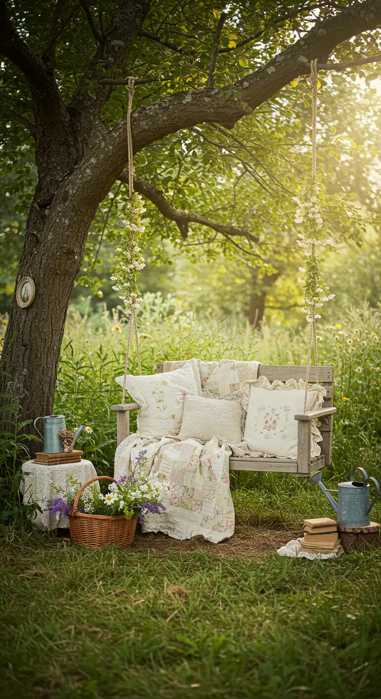 Houten schommelbank onder boom met quilts, kussens, bloemen en boeken.