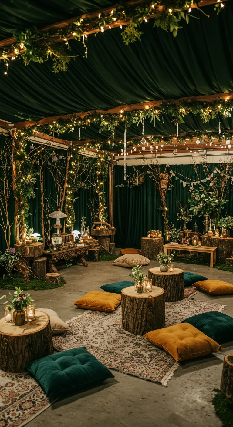 Sprookjesachtig bosfeest in garage met boomstammen, groene doeken en lichtjes.