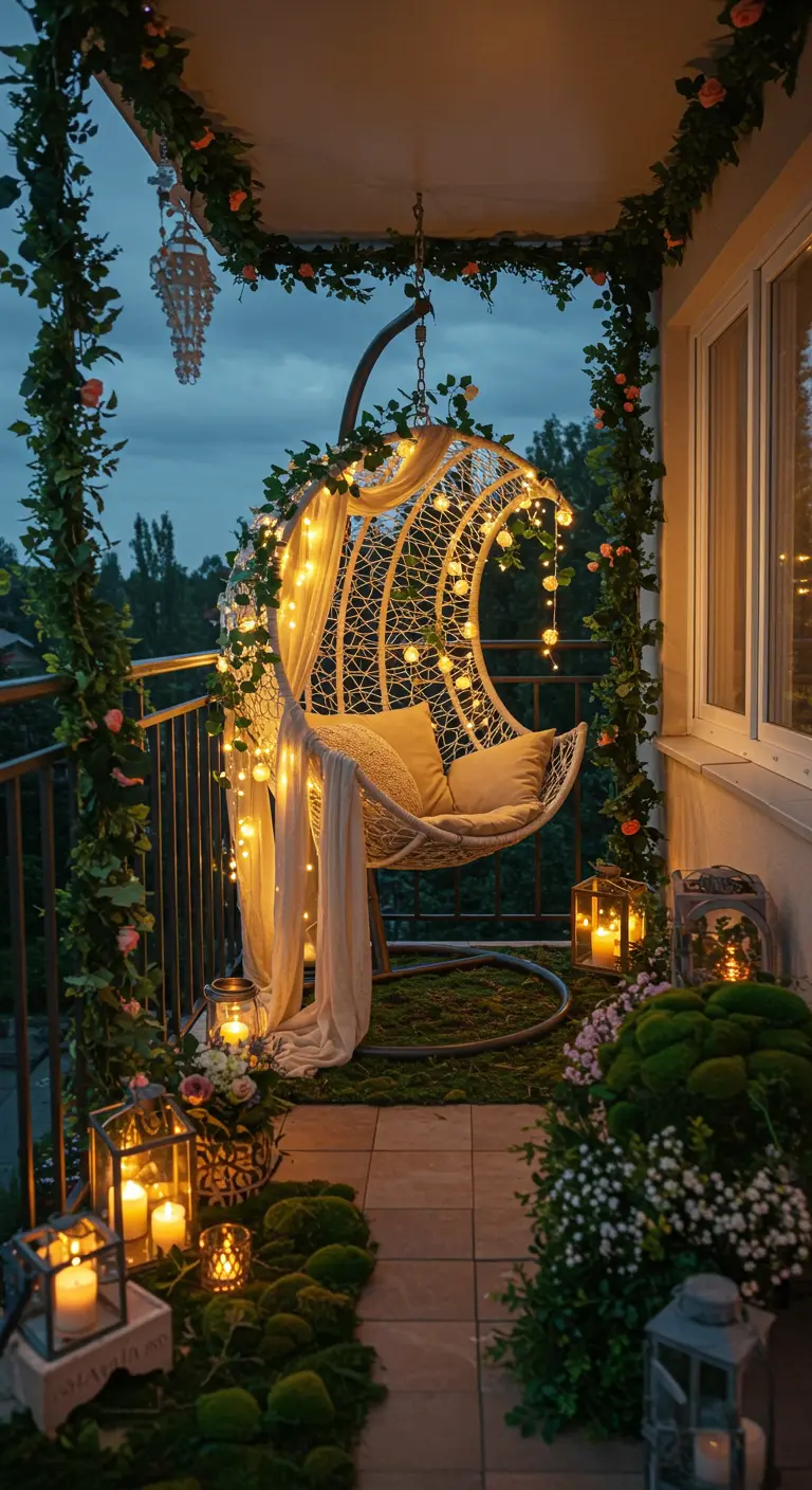 Sfeervol balkon 34 met witte hangstoel versierd met bloemen en lichtjes, sprookjesachtig