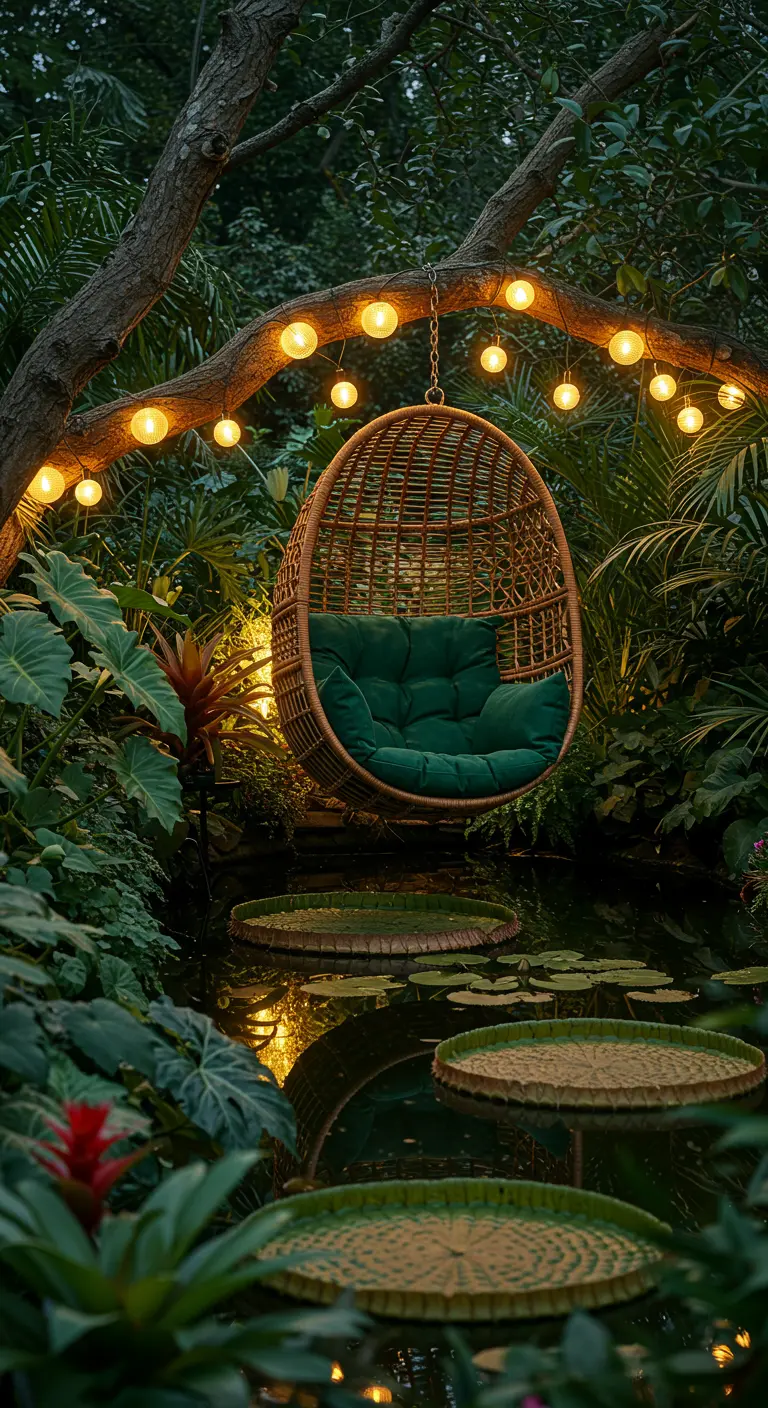Rieten hangstoel met groen kussen in weelderige groene tuin met vijver, verlicht door lichtslingers.