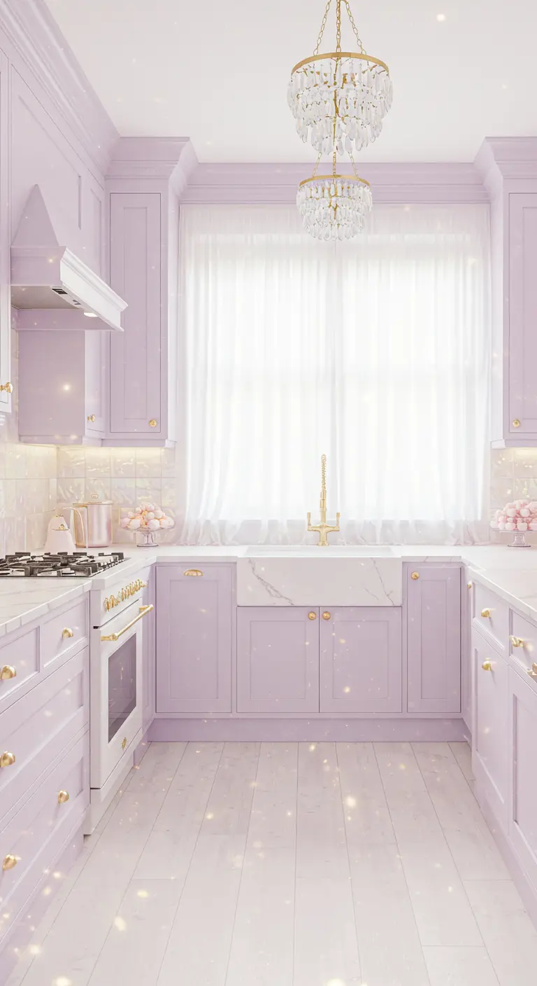 Dromerige lila keuken met gouden accenten, kristallen kroonluchters en witte details.