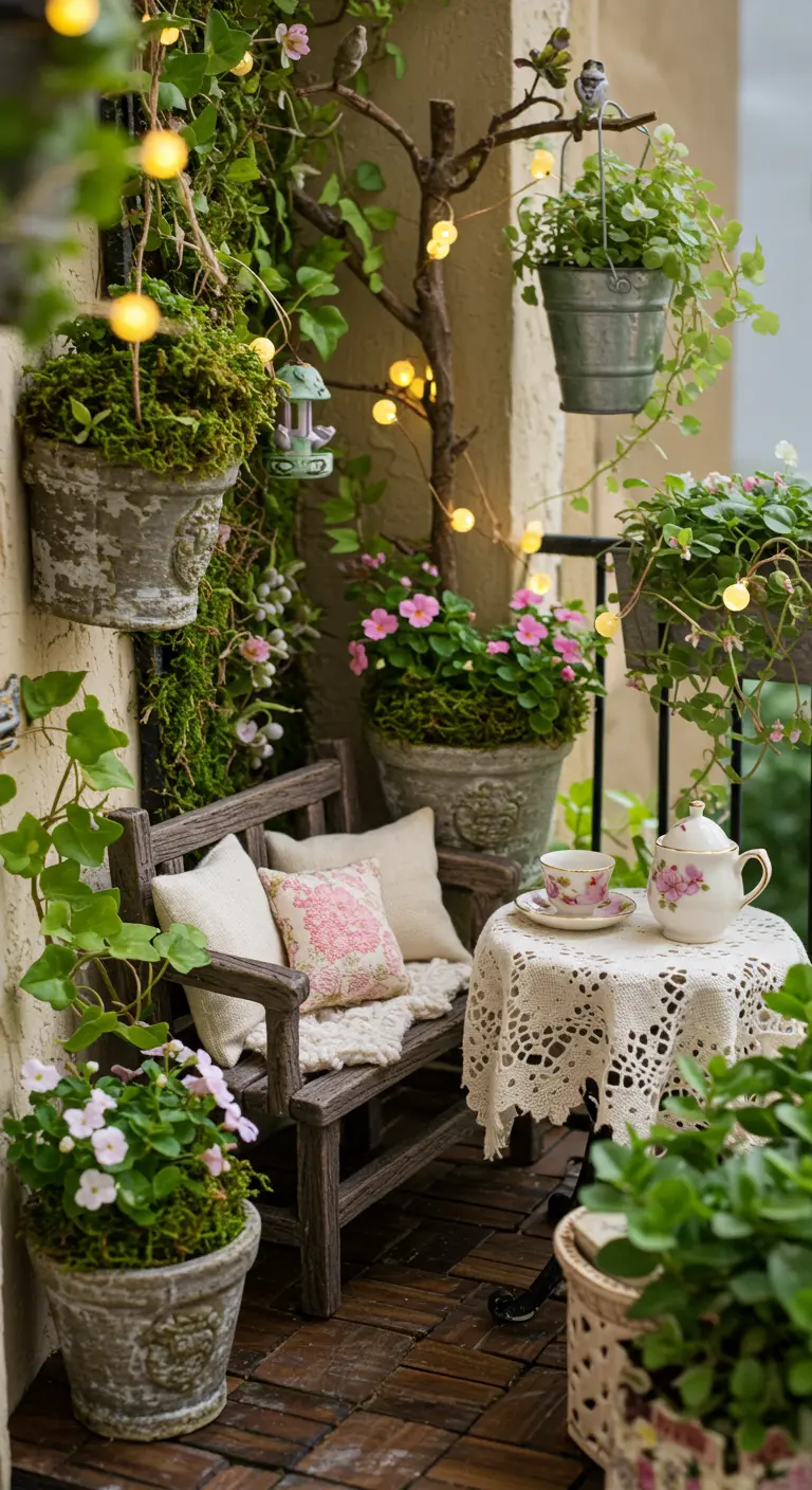 Romantisch mini-balkon met klein bankje, theeservies, kanten kleed en sfeerverlichting.