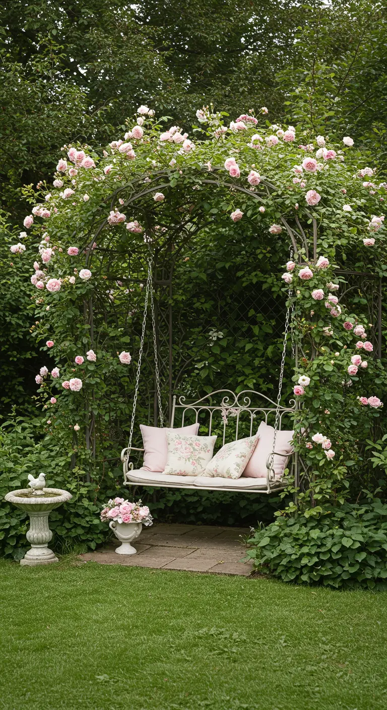 Witte schommelbank onder een rozenboog met roze kussens in een weelderige tuin.