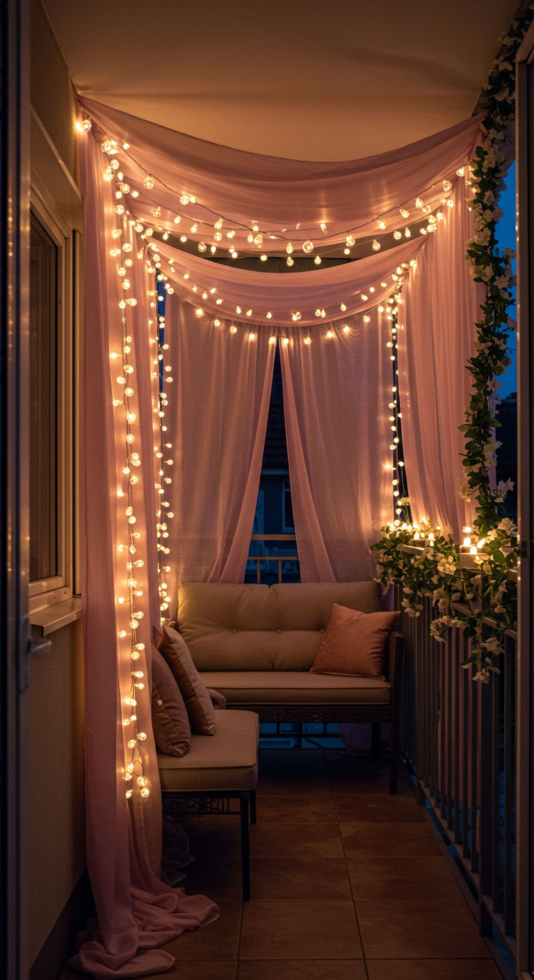 Smal balkon 's avonds versierd met roze voile doeken en veel warmwitte lichtjes.