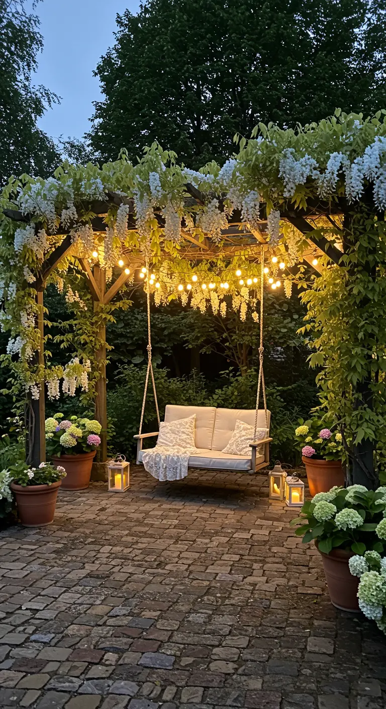 Houten pergola met witte wisteria, lichtslingers en een comfortabele schommelbank met kussens.