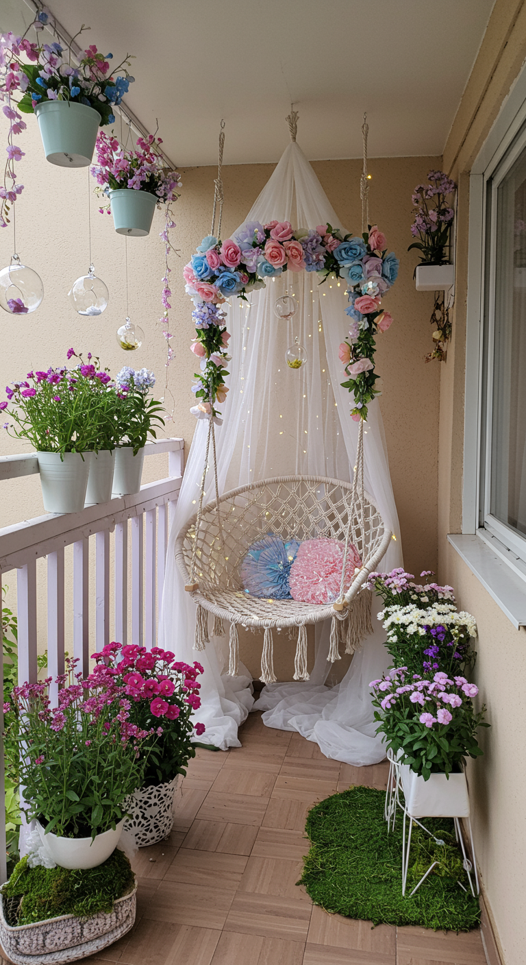Witte macramé hangstoel op balkon met voile, bloemen en pastelkleurige kussens.