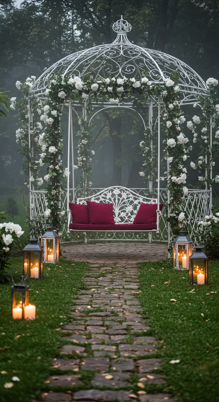 Witte smeedijzeren schommelbank in prieel met witte rozen en lantaarns.