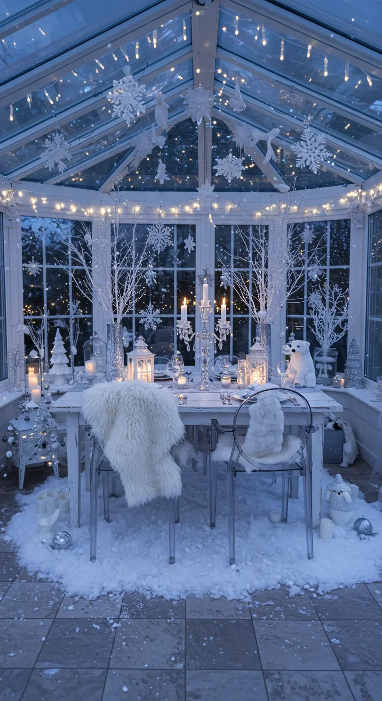 Winterwonderland decoratie in een serre met witte sneeuwvlokken, lichtslingers en faux sneeuw.