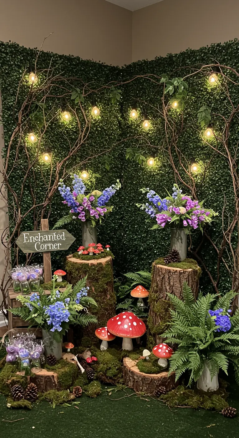 Sprookjesachtige bosdecoratie met groene wand, takken, lichtjes, paddenstoelen en bloemen.