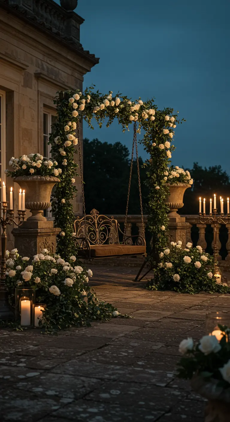 Metalen schommelbank onder rozenboog op terras met klassieke plantenurnen en veel kaarsen 's avonds.
