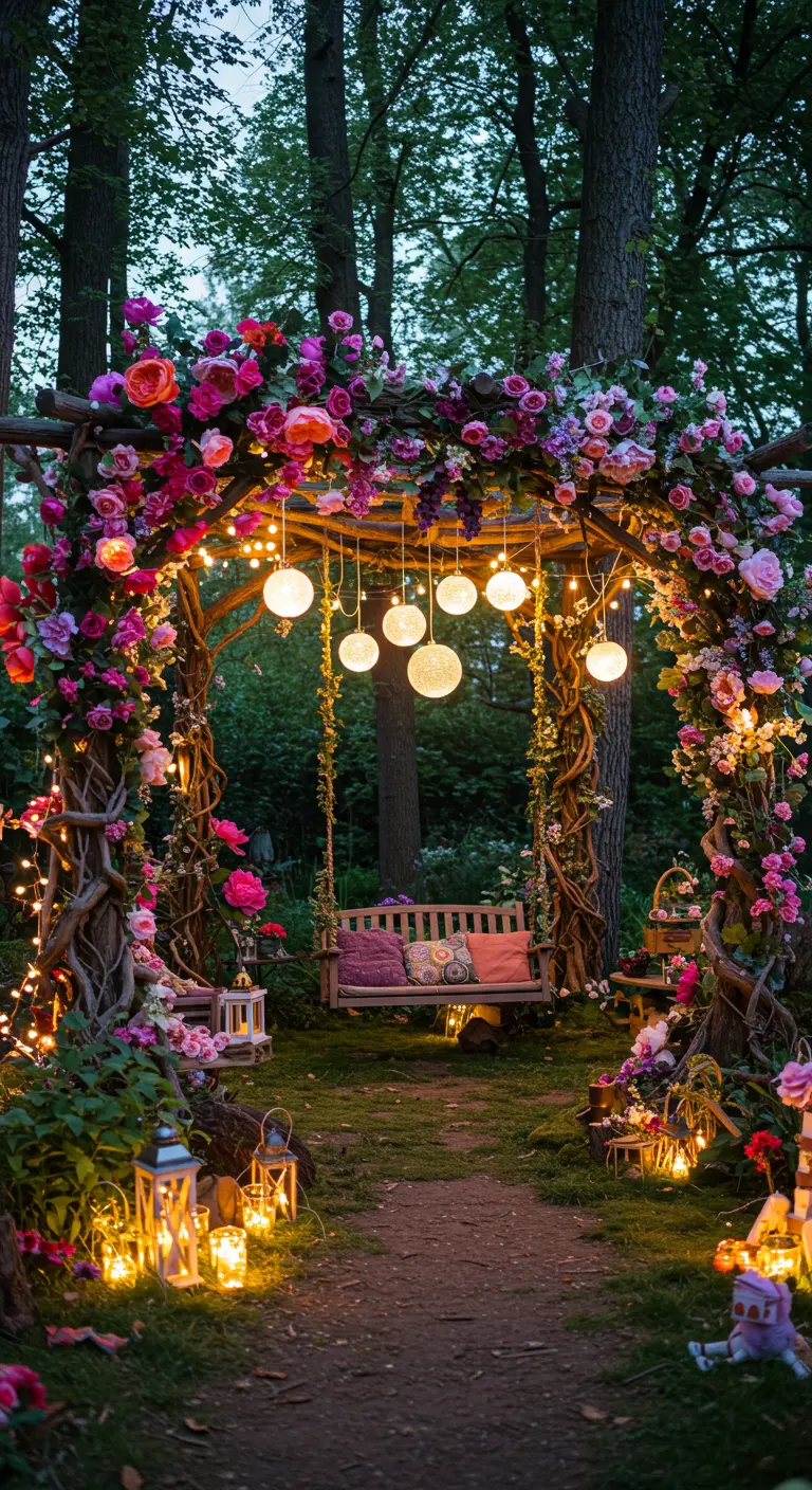 Sprookjesachtige pergola/boog met overvloedige roze en paarse bloemen, schommelbank, lichtslingers en lantaarns.