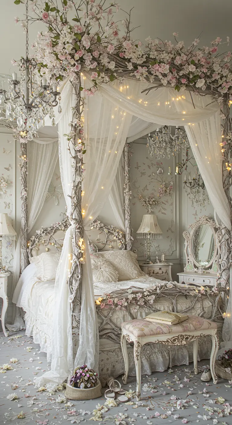 Sprookjesachtige slaapkamer met bloemen, lichtjes, kanten hemelbed en vintage meubels.