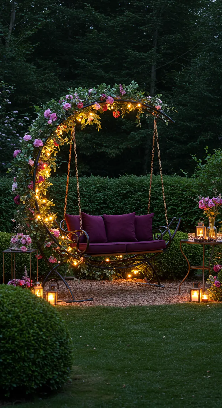 Metalen duo-hangstoel in halvemaanvorm met rozen en lichtjes, paarse kussens.