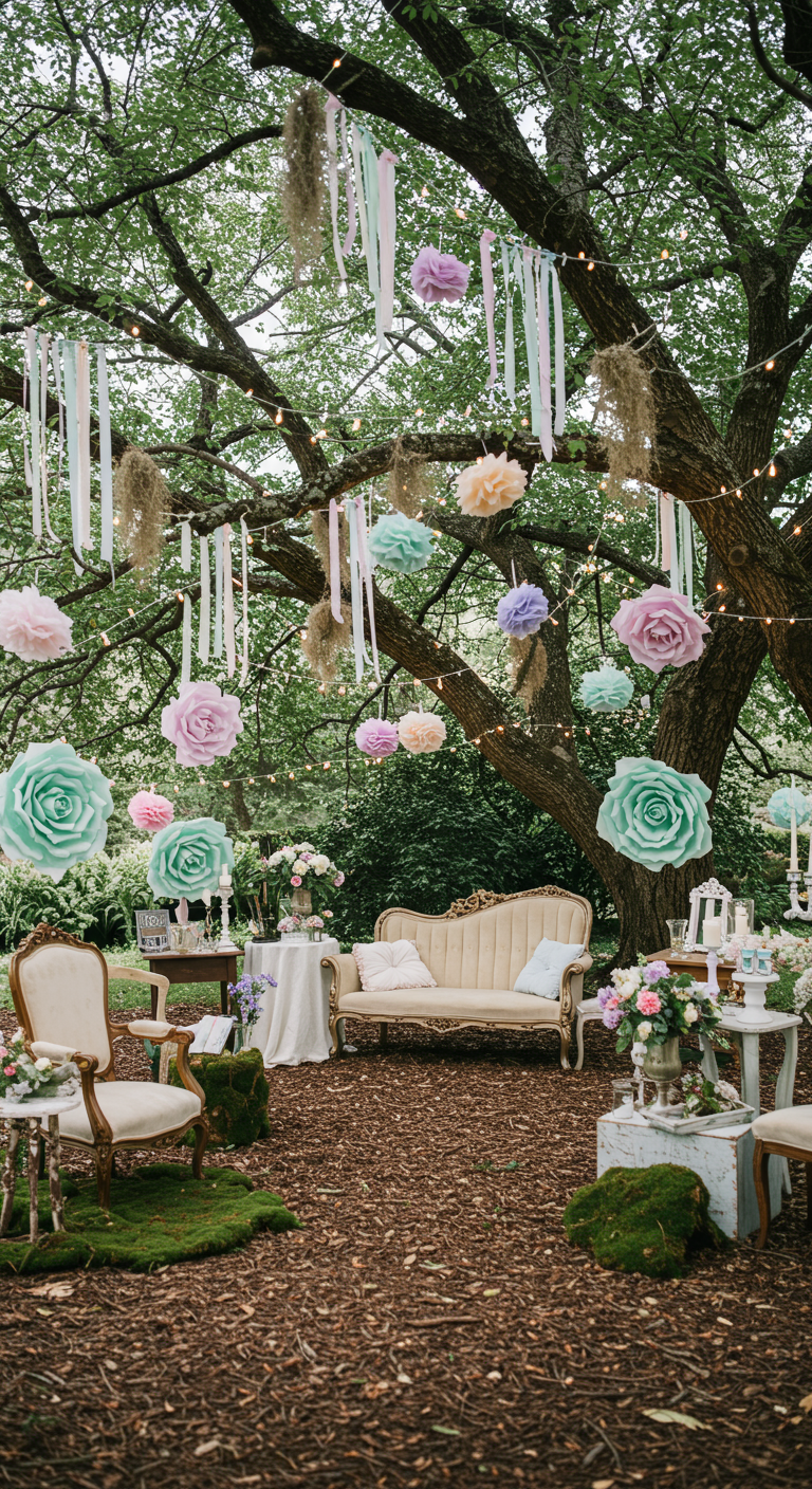 Boom versierd met grote papieren bloemen, linten en een vintage bankje.