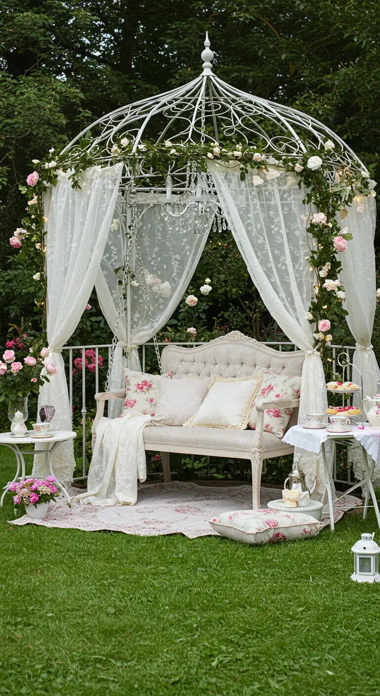 Sprookjesachtige witte metalen schommelbank met zachte kussens en geborduurde gordijnen, omringd door roze en paarse bloemen, lantaarns en kaarsen in een tuin.