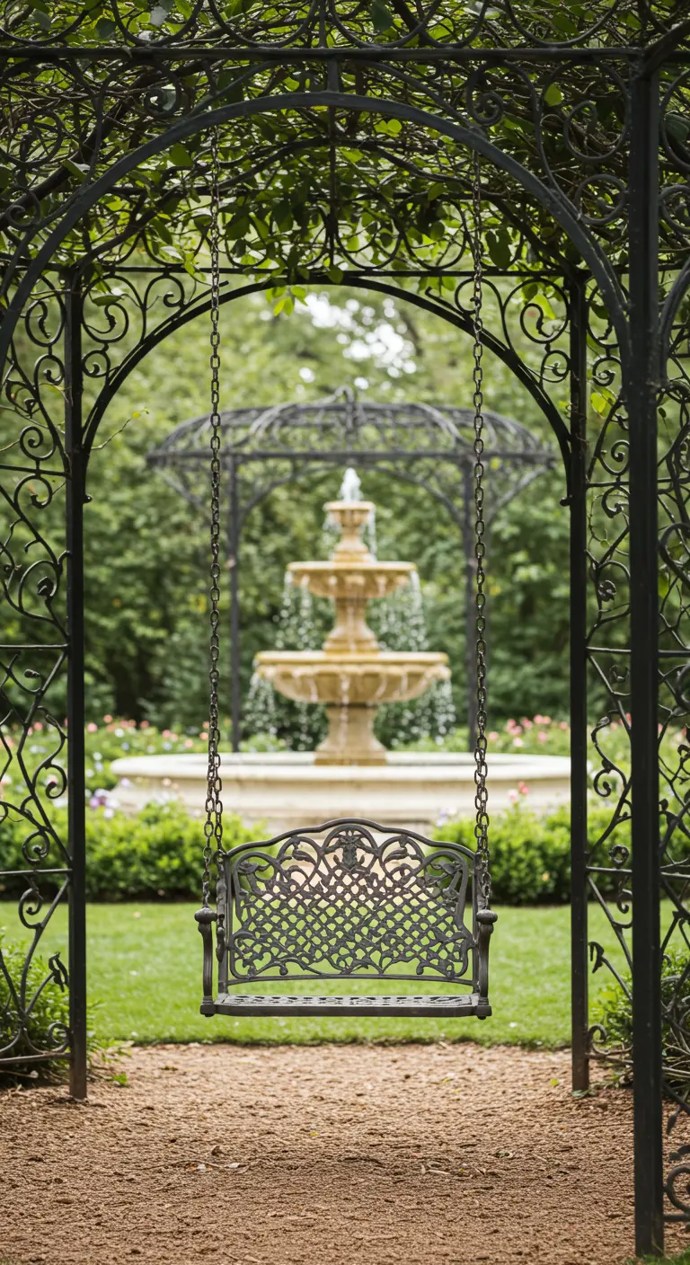Smeedijzeren schommel onder een sierlijke metalen pergola in een formele tuin.