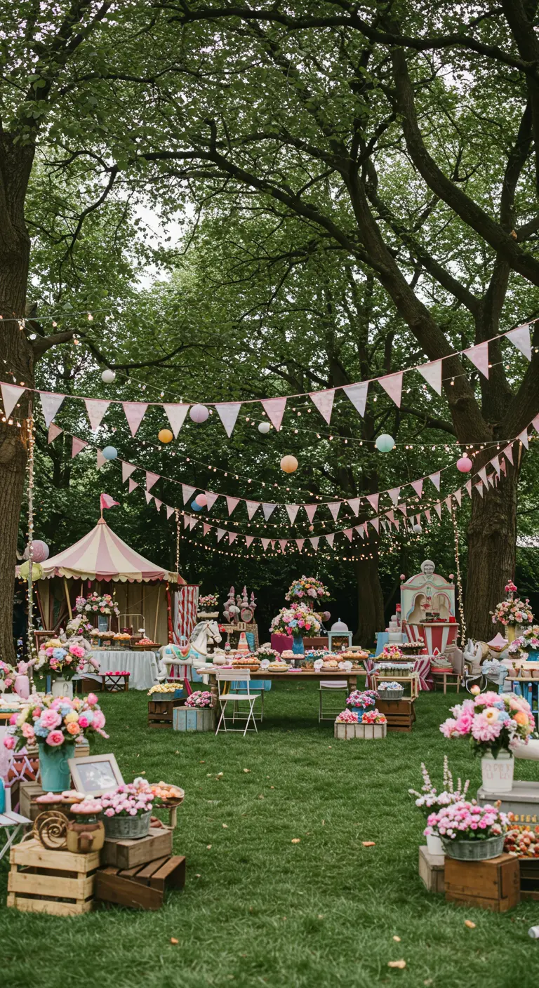 Vrolijk tuinfeest met circustent, pastelkleurige decoratie en bloemen.
