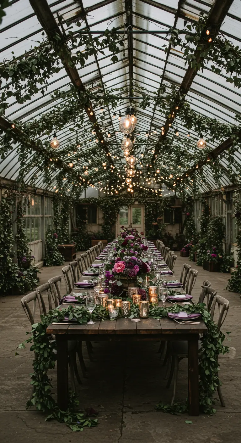 Trouwfeest in een kas met groene klimplanten, lichtslingers en paarse bloemen op lange tafel.