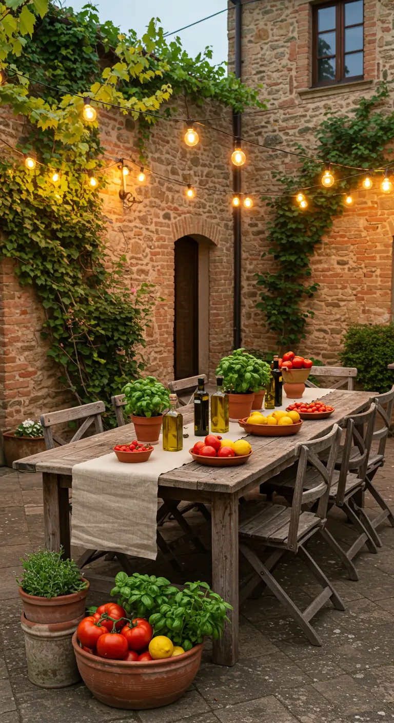Buiten eettafel met warme lichtjes, klimop, basilicumplanten en olijfolieflessen op een Toscaanse patio.