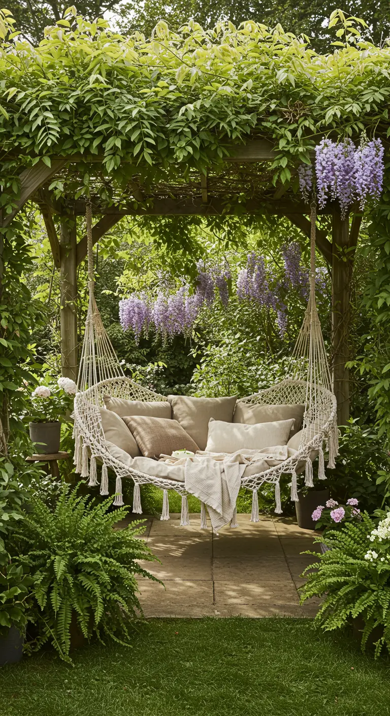 Grote macramé hangbank met veel kussens onder een pergola begroeid met blauweregen.
