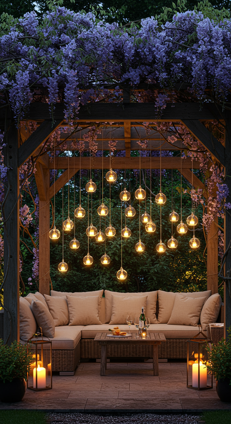 Pergola met hangende glazen bollampjes boven een loungeset, omringd door bloeiende blauweregen.