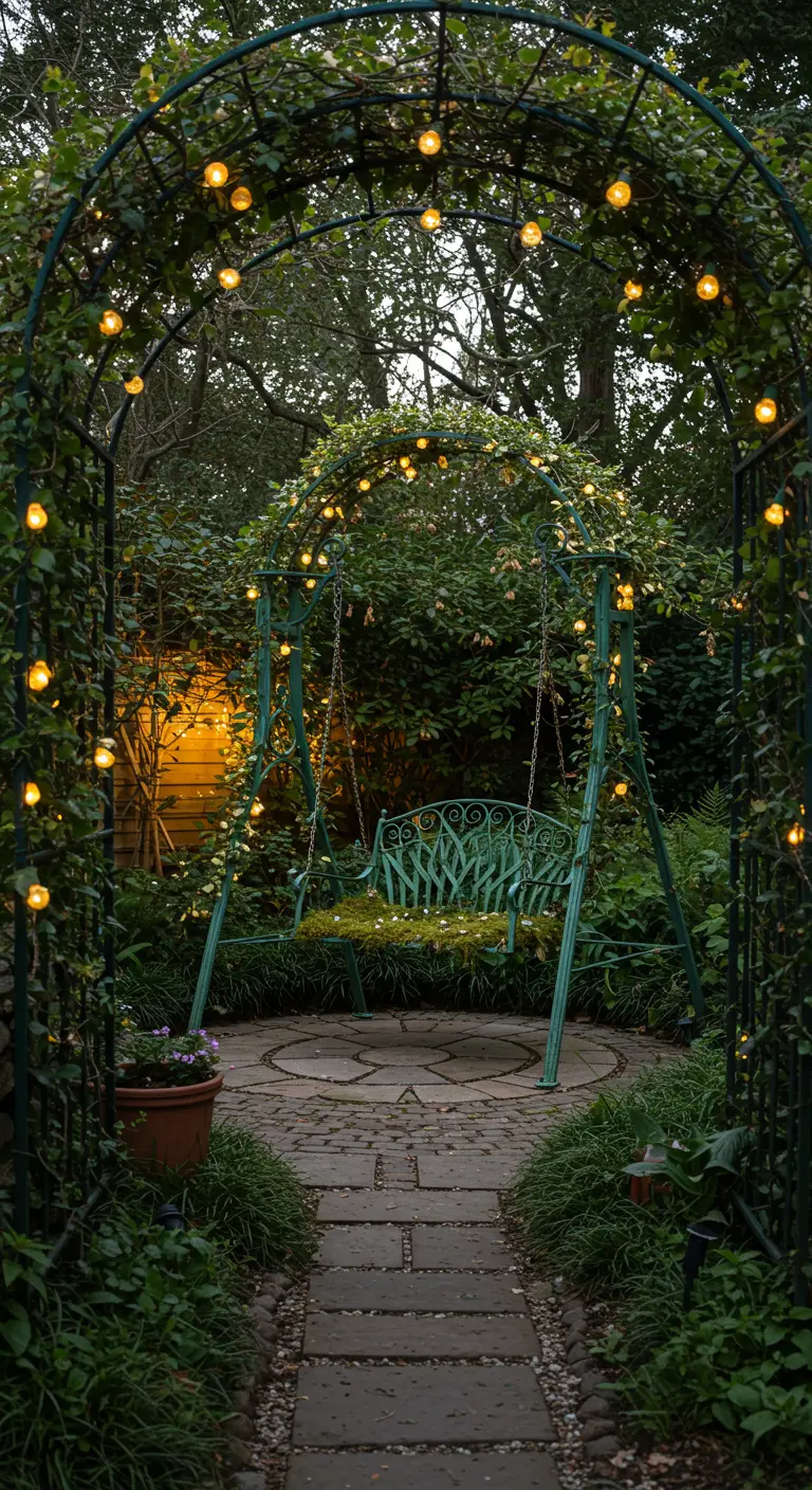 Groene metalen schommelbank onder een begroeide boog met warme lichtjes in een schemerige tuin.