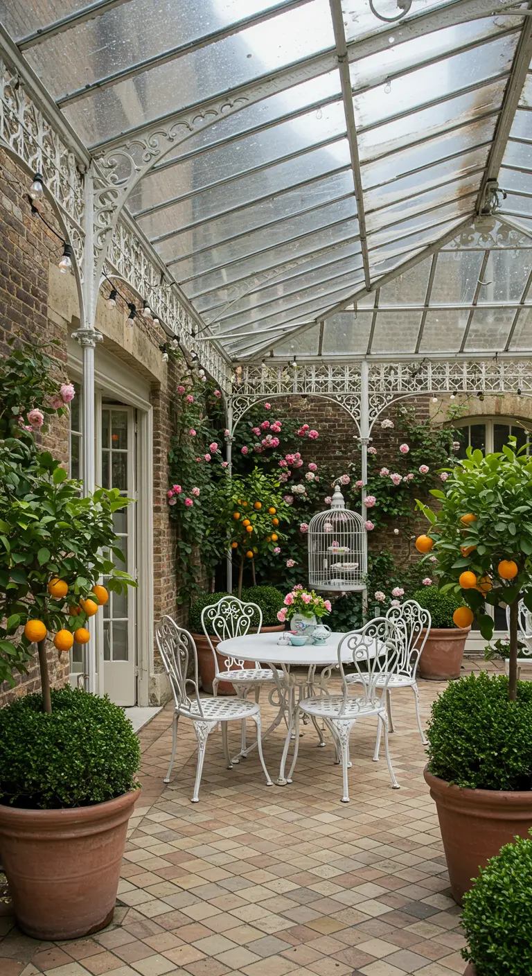 Romantische serre met glazen dak, witte tuinset, klimrozen en sinaasappelbomen in potten.