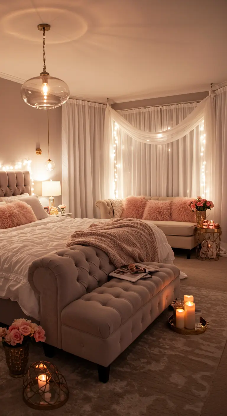 Romantische slaapkamer met een lichtgordijn van lichtslingers achter een bankje en zachte textiel.