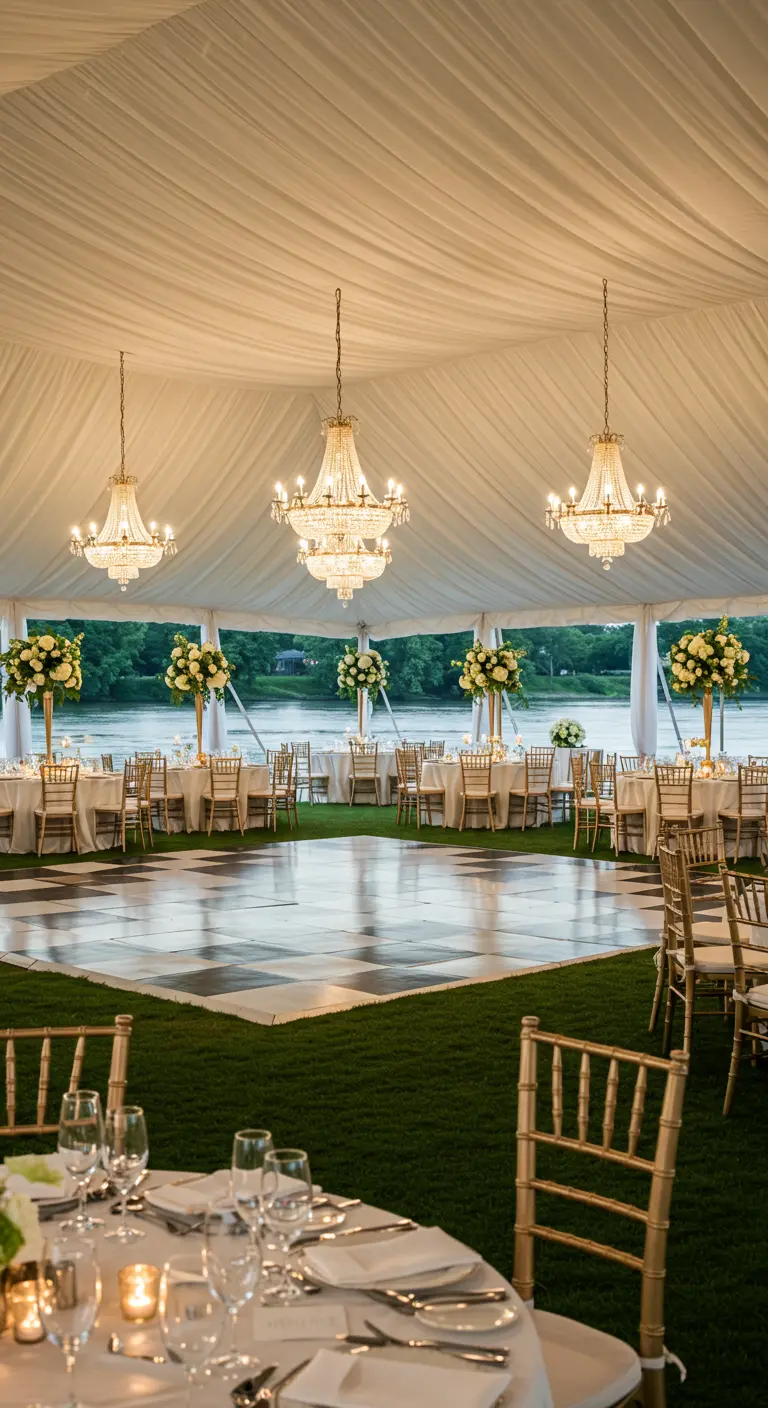 Luxe partytent met kroonluchters, dambordvloer en uitzicht op water.