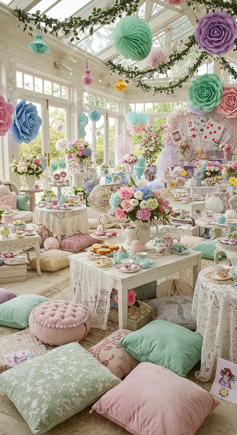 Ruime serre vol pastelkleurige decoraties, lage tafels met theeservies en kussens op de grond.