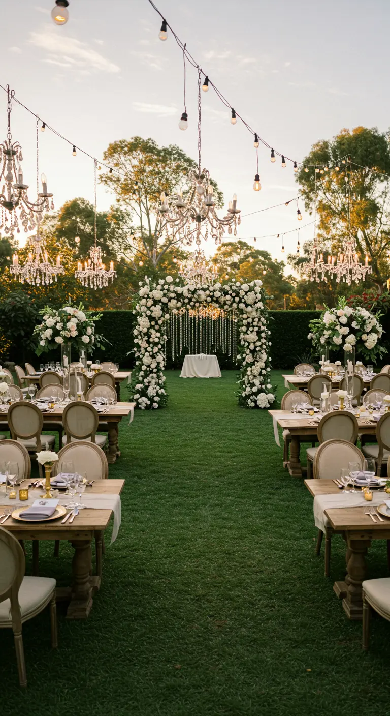 Tuinbruiloft met witte bloemenboog, kristallen kroonluchters en elegante tafels in de avondzon.