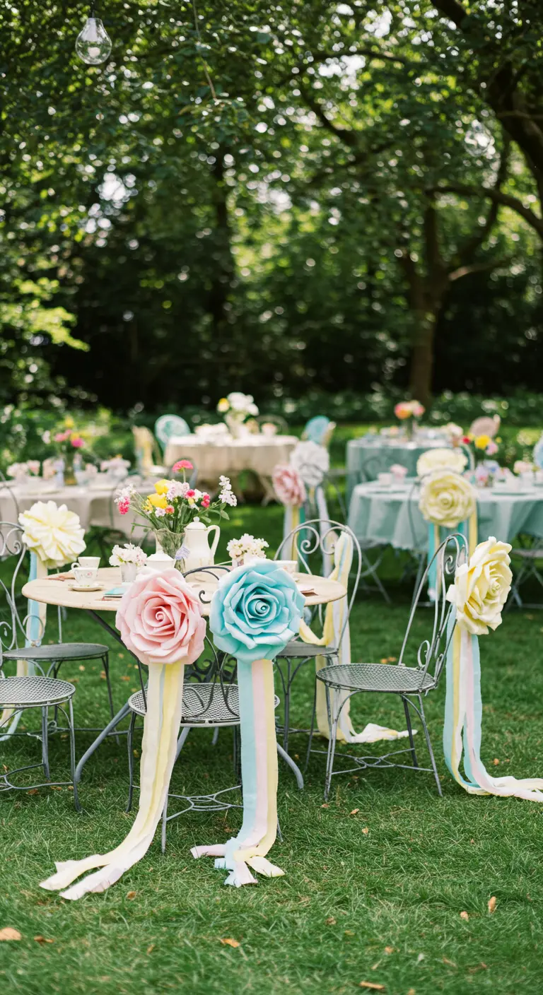 Metalen tuinstoelen versierd met grote papieren bloemen in pastelkleuren en lange linten.