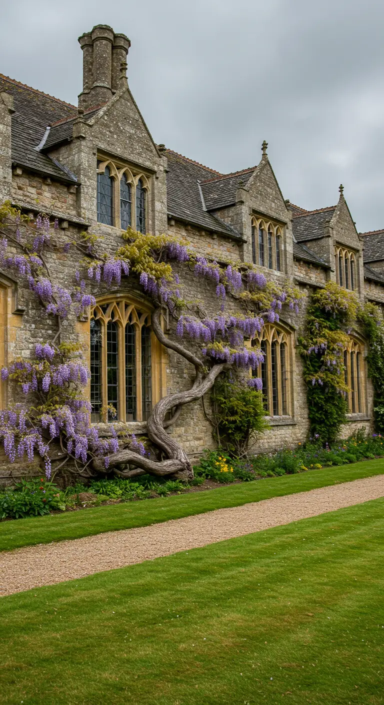 Oude stenen huisgevel met een enorme, kronkelende Wisteria vol paarse bloemen.
