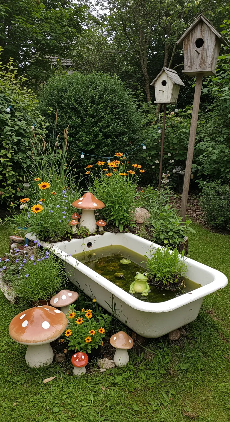 Sprookjestuin met omgebouwde badkuip als vijver, paddenstoelsculpturen en bloemen.