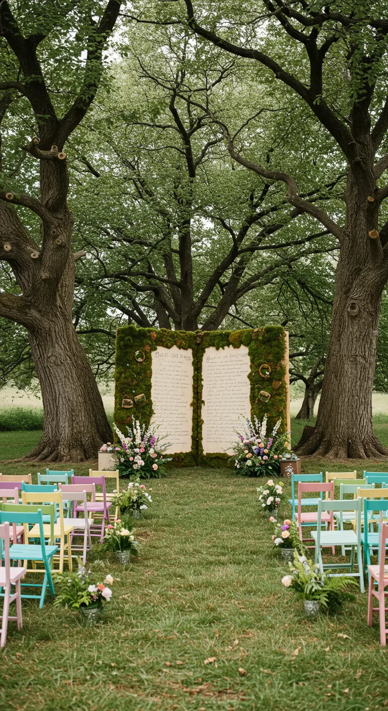 Ceremonie-backdrop in de vorm van een open boek met mos en bloemen, omringd door pastelkleurige stoelen.