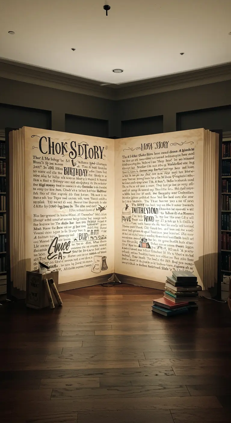 Gigantisch openstaand boek als backdrop met gepersonaliseerde tekst voor een verjaardag.