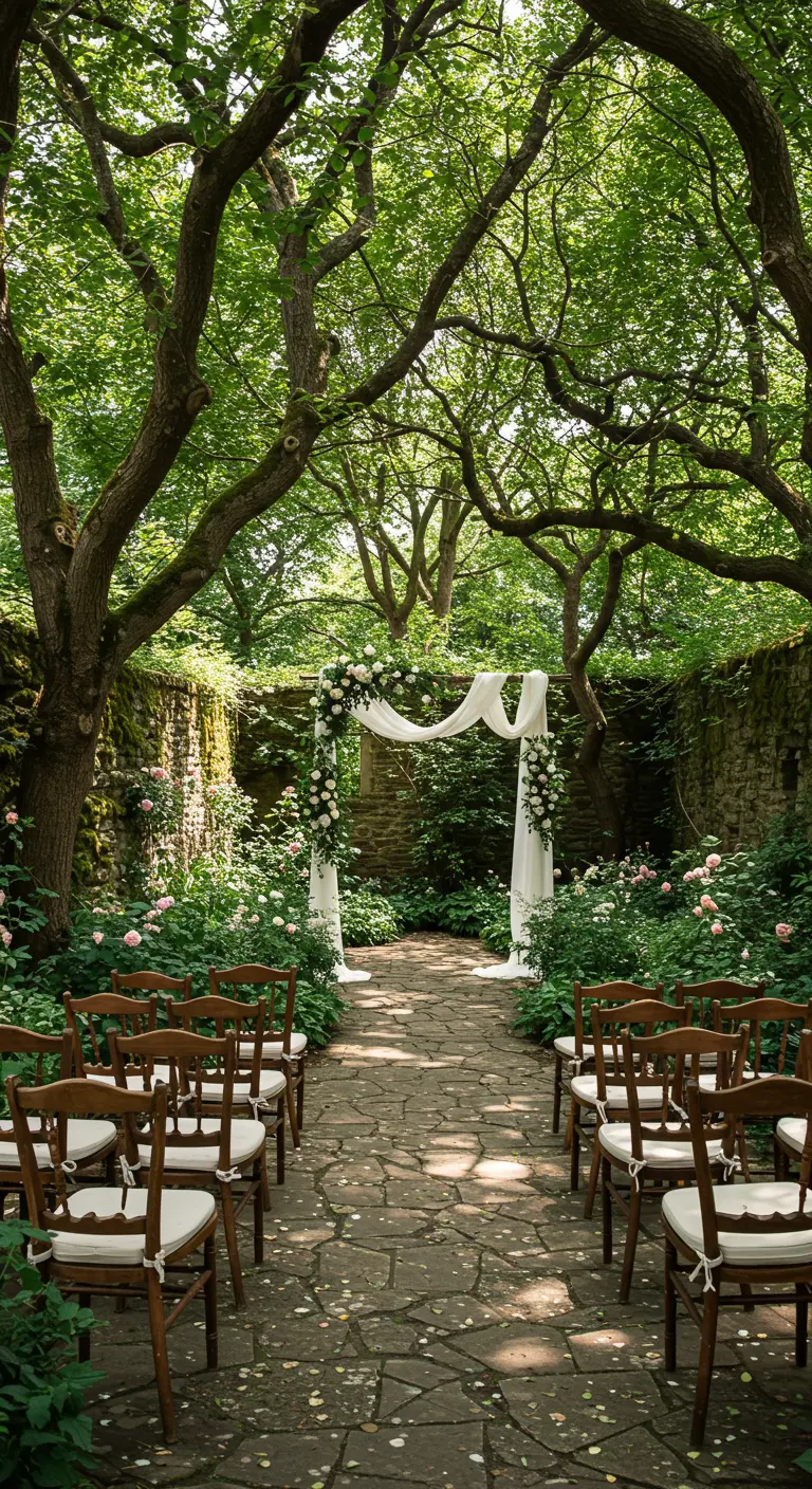 Witte trouwboog met bloemen en stoelenrijen in een bosrijke omgeving met stenen pad.