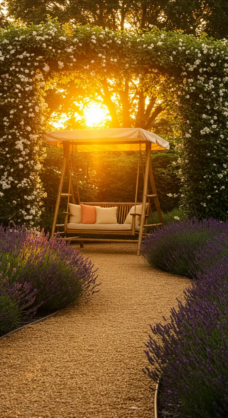 Houten schommelbank met luifel onder groene plantenboog, grindpad, lavendel, zonsondergang.
