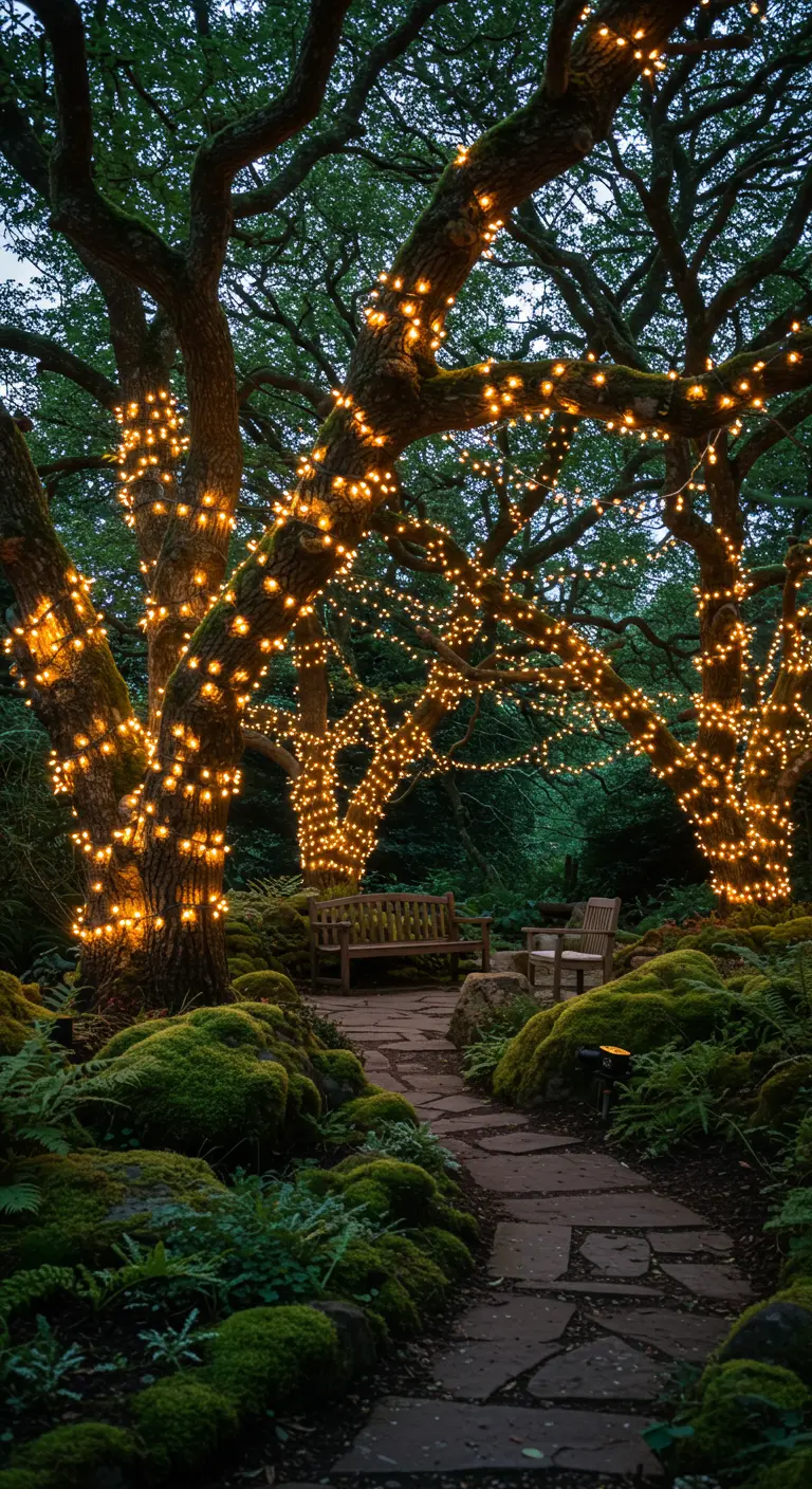 Grote bomen in een tuin volledig bedekt met talloze warmwitte kerst- of fairy lights.