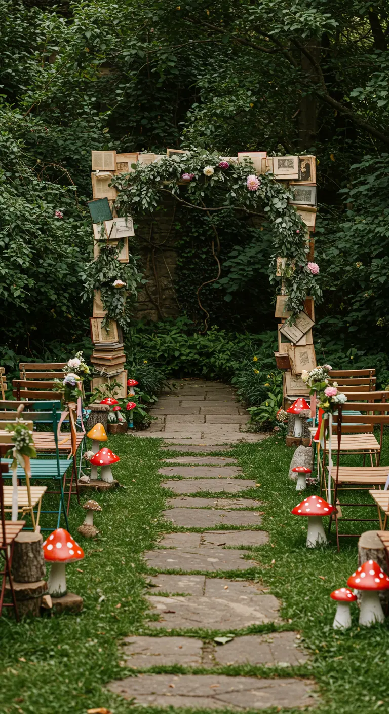 Ceremonieboog van boeken en groen in een tuin, met decoratieve paddenstoelen.